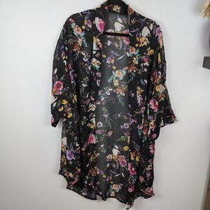 Sheer Black Floral Kimono Wrap LongSleeve Cardigan
